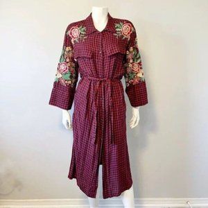 Zara trf Duster Tunic Dress Red Navy Plaid Embroidered Floral Belted size XS